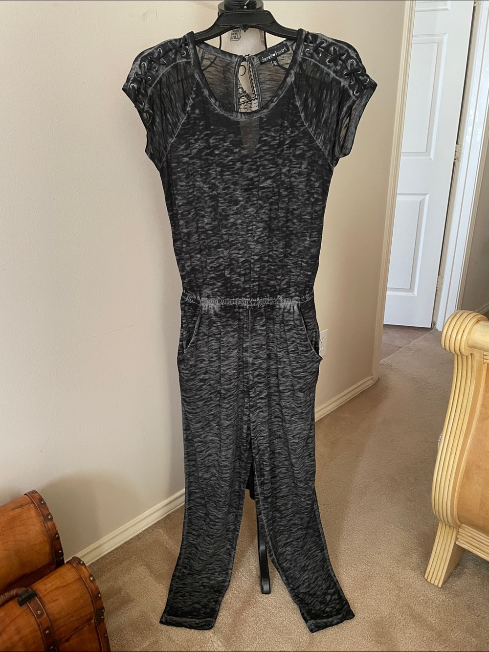 Derek Heart Black and Gray Marbled Short-Sleeve Lace-Up Shoulder Jumpsuit